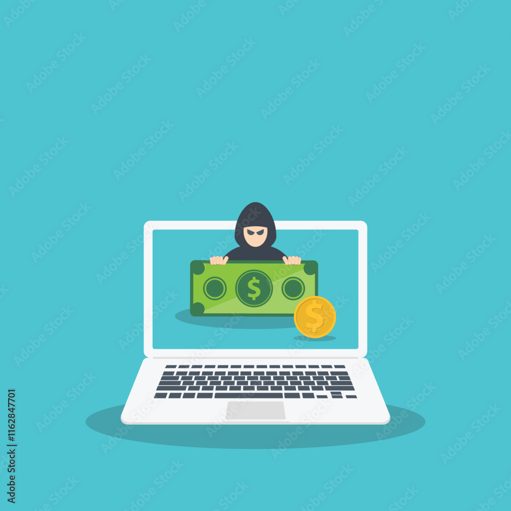 Hacking digital money. Bait website or online crime, thief steal money from online banking app concept, bait scam money. Hacking digital money. Bait website or online crime, thief steal money from online banking app concept, bait scam money.