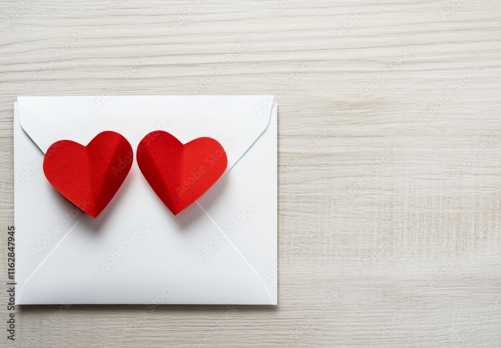 Romantic White Envelope with Two Red Hearts on Wooden Background Romantic White Envelope with Two Red Hearts on Wooden Background