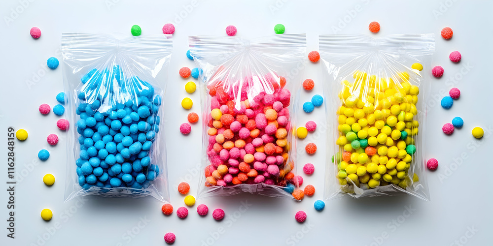 Naklejka premium Three transparent bags with colorful sugar-coated candies on a clean white surface