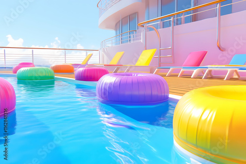 Relaxation fills the air as colorful floats bob in crystal-clear water next to cheerful loungers