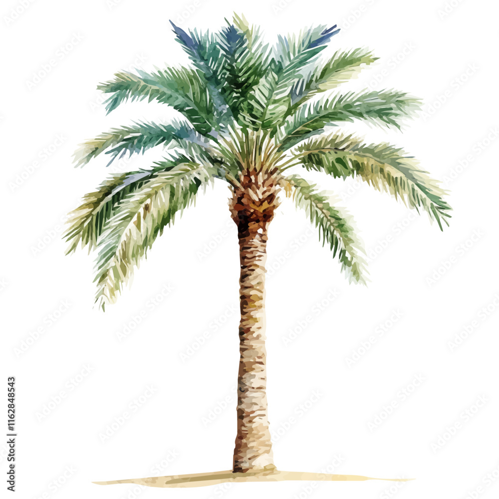 A watercolor of a date palm tree, with long, arching fronds, isolated on a white background. Date palm tree vector.

