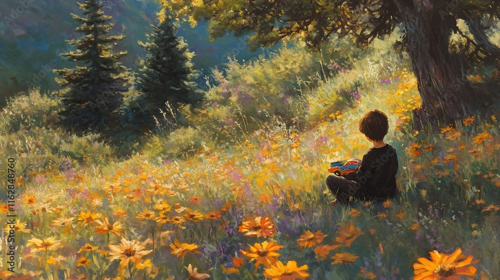 Person reading a book in a sunny field of wildflowers under a tree. Person reading a book in a sunny field of wildflowers under a tree.