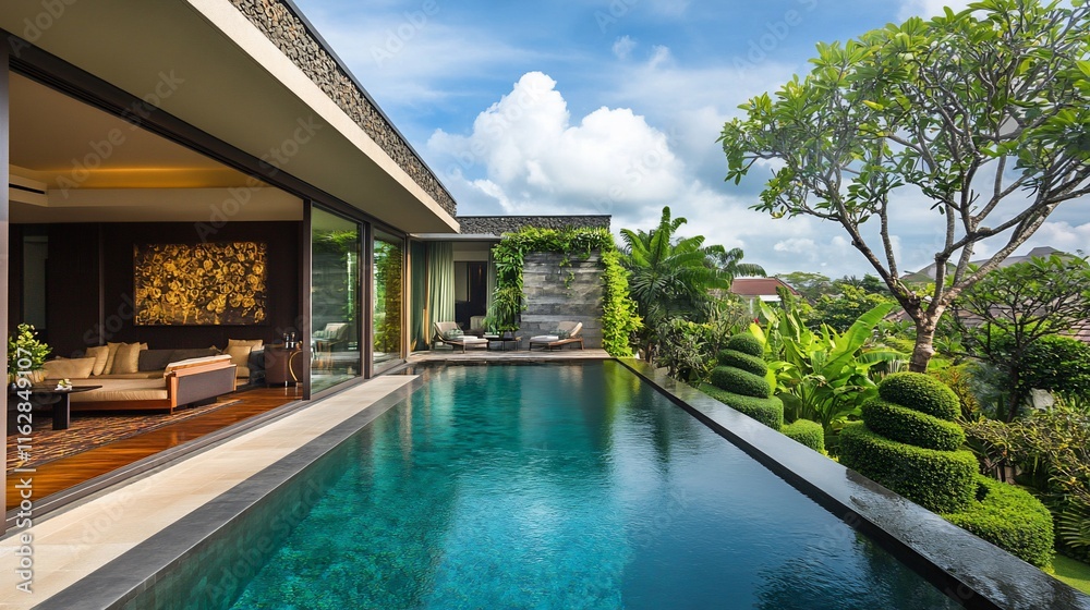 Luxury villa with infinity pool, modern architecture, tropical garden view. Luxury villa with infinity pool, modern architecture, tropical garden view.