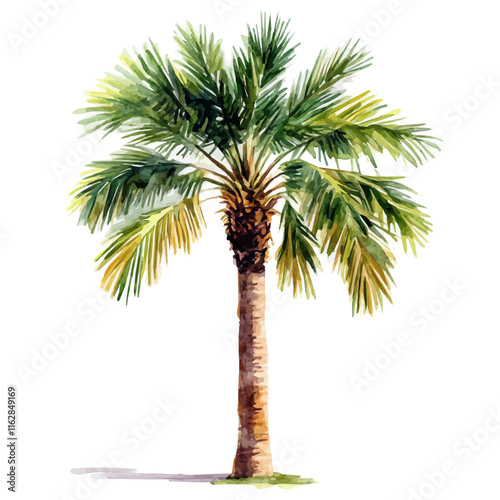A watercolor of a date palm tree, with long, arching fronds, isolated on a white background. Date palm tree vector.

