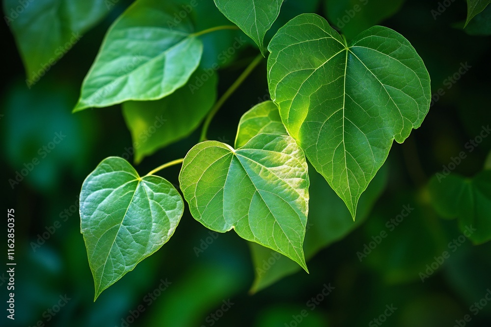 Lush green leaves with heart shapes, illuminated by sunlight. Lush green leaves with heart shapes, illuminated by sunlight.