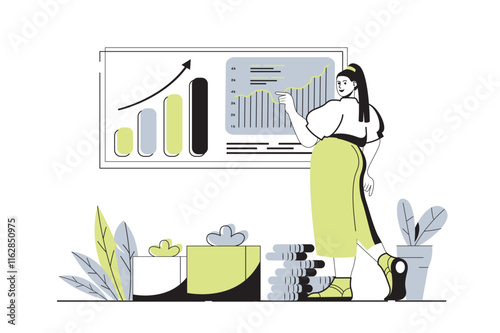 Sales performance web concept with flat cartoon people for website design. Woman analyzing financial data, progress achievement and business statistics at presentation board. Vector illustration.