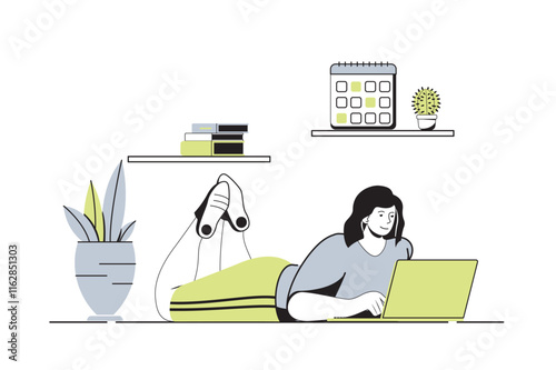 Freelance working web concept with flat cartoon people for website design. Woman working at laptop from home office, relaxing and doing job tasks online, making outsource work. Vector illustration.