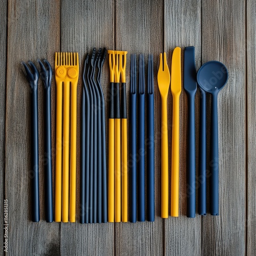 A vibrant arrangement of yellow and dark blue utensils displayed on a wooden surface, showcasing various types of cutlery in a modern design. photo