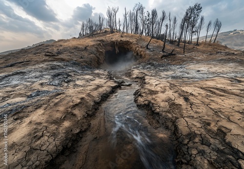 Mystic Cave Stream: Post-Apocalyptic Landscape with Burned Trees photo