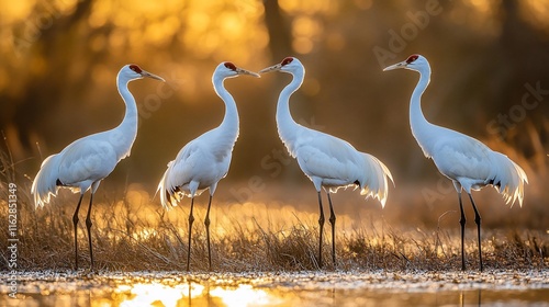 Four whooping cranes at sunset, standing in shallow water, facing each other. photo