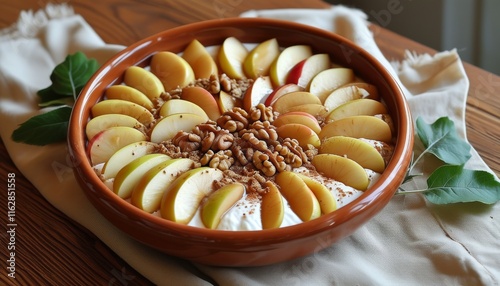 Delicious Traditional Bosnia Tufahija Dessert Bowl with Fresh Apple Slices and Toppings photo