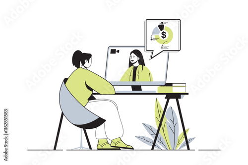 Business webinar web concept with flat cartoon people for website design. Woman watching online training video with business coach, learning and getting new professional skills. Vector illustration.