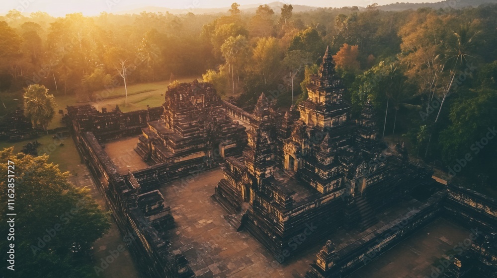 Naklejka premium Aerial View of Ruins Bathed in Golden Sunlight