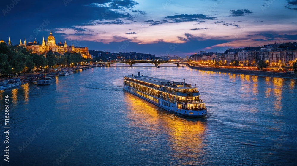 Naklejka premium Budapest Twilight Danube River Cruise, Parliament Building, Cityscape