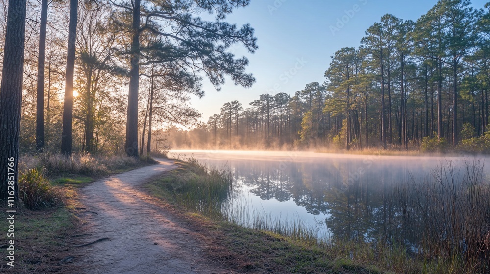 Sunrise mist over calm lake with path. Sunrise mist over calm lake with path.