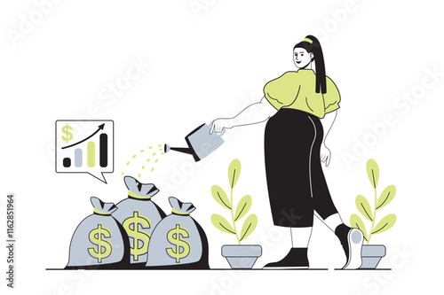 Investment web concept with flat cartoon people for website design. Woman watering money trees and cash bags and using success finance strategy for increase financial profit. Vector illustration.