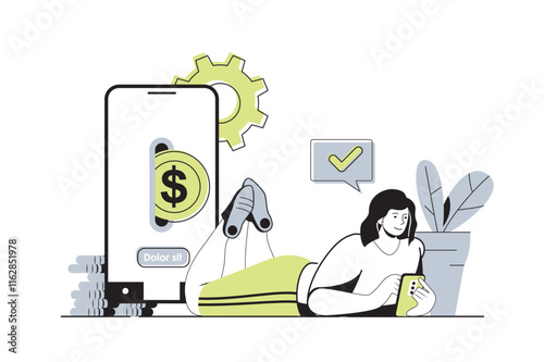 Mobile banking web concept with flat cartoon people for website design. Woman paying for purchases in mobile application with secure pay services, making online transaction. Vector illustration.