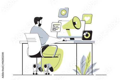 Digital marketing web concept with flat cartoon people for website design. Man creating advertising content and making posts, sending promo messages, attracting new clients. Vector illustration.