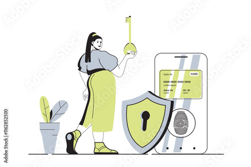 Secure payment web concept with flat cartoon people for website design. Woman paying for purchases with credit card and protection service with fingerprint scan and personal key. Vector illustration.