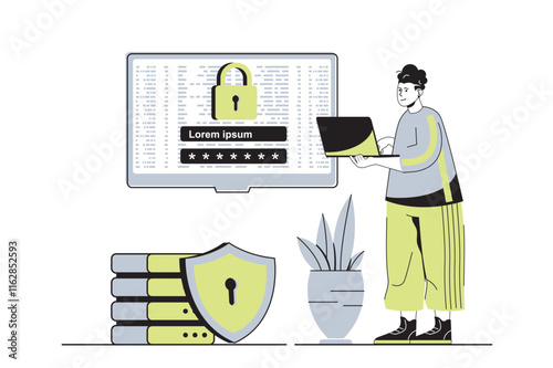 Cyber security web concept with flat cartoon people for website design. Man getting access to personal internet account using password shield and online encryption secure system. Vector illustration.