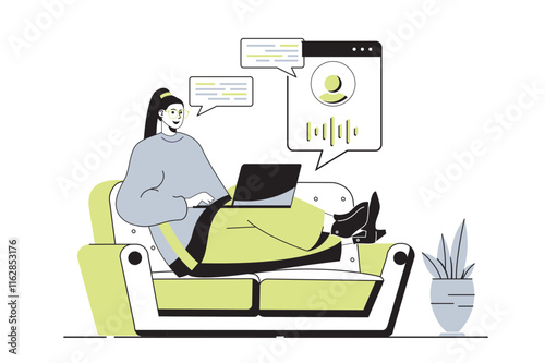 Virtual assistant web concept with flat cartoon people for website design. Woman chatting and speaking with artificial intelligence voice agent from technical support service. Vector illustration.