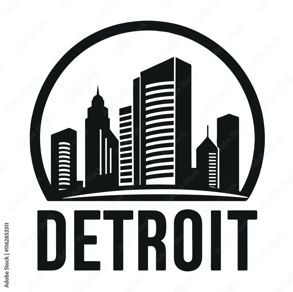 Obraz premium A stylish circular emblem design showcasing Detroit iconic Renaissance Center, highlighting the city's modern architecture and skyline in a clean, symbolic representation