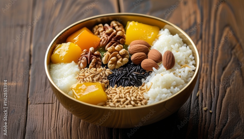 Traditional Bhutanese Zow Shungo Bowl with Assorted Nuts and Grains on a Wooden Table Traditional Bhutanese Zow Shungo Bowl with Assorted Nuts and Grains on a Wooden Table