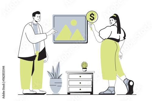 Auction business web concept with flat cartoon people for website design. Auctioneer selling art painting at gallery, woman collector bidding her price to lot for buying picture. Vector illustration.