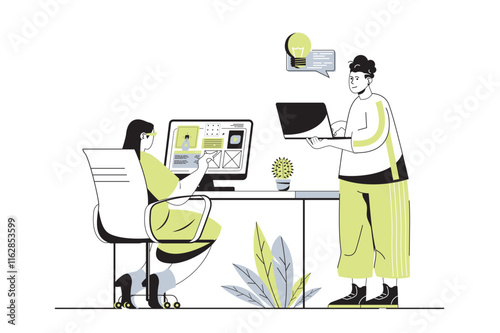 Designer studio web concept with flat cartoon people for website design. Woman and man creating website layouts and drawing graphic elements, generating new ideas and visuals. Vector illustration.