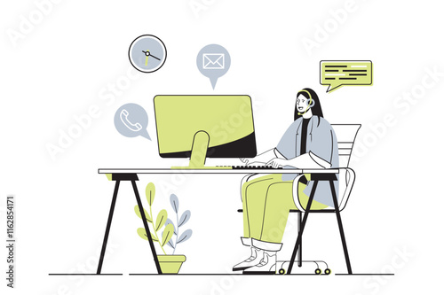 Customer service web concept with flat cartoon people for website design. Call center operator in headphones talking with clients, speaking and consulting, getting feedback. Vector illustration.