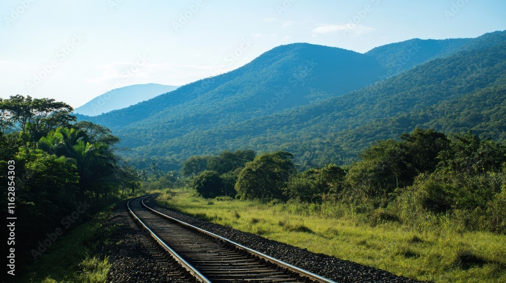 Scenic Railway Tracks Winding Through Lush Tropical Mountain Range Scenic Railway Tracks Winding Through Lush Tropical Mountain Range