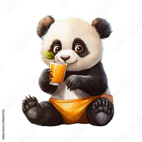 Cute Cartoon Panda Character Drinking Juice Illustration for Kids Logo Design isolated photo