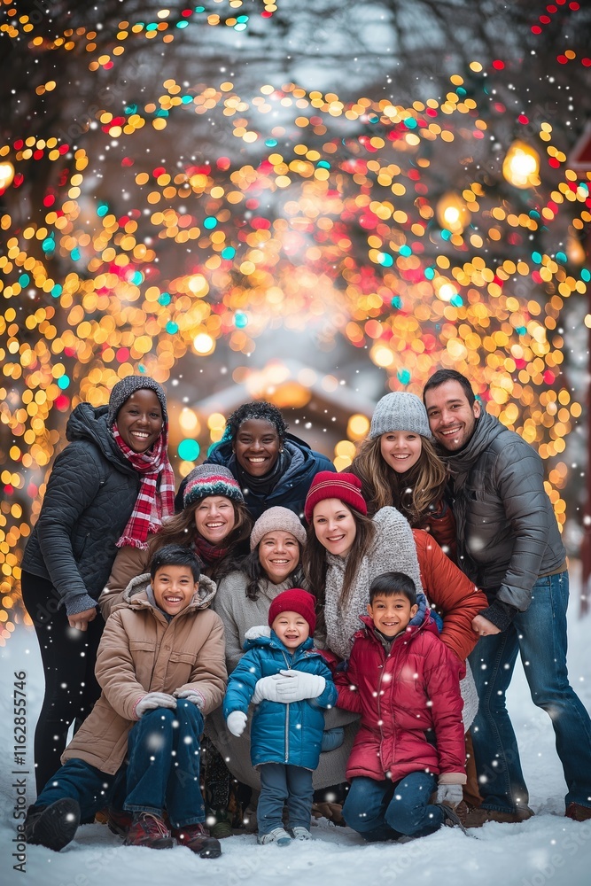 Smiling people gather in the snow near bright lights, capturing the essence of joy and unity in winter. Smiling people gather in the snow near bright lights, capturing the essence of joy and unity in winter.