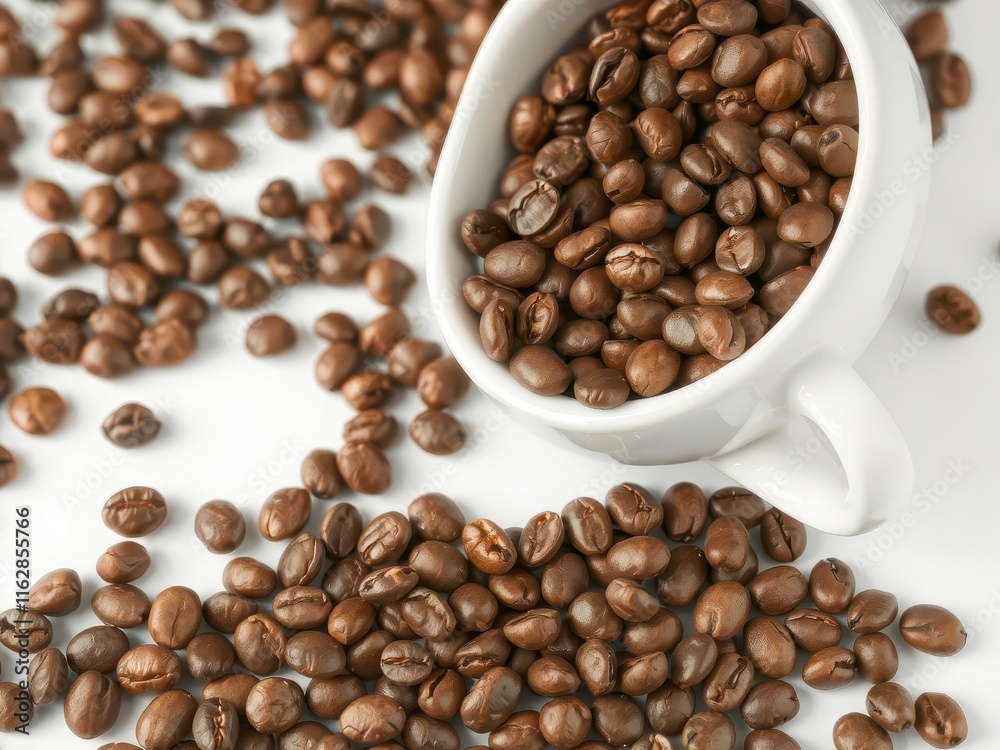 Roasted coffee beans spilling from a pristine white cup, latte,brown Roasted coffee beans spilling from a pristine white cup, latte,brown