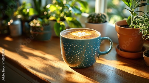 Latte art in a blue mug on a sunny windowsill. photo