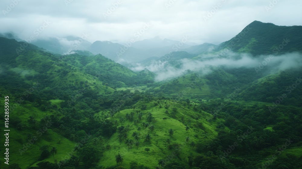Misty Rolling Hills with Scenic Mountain Backdrop