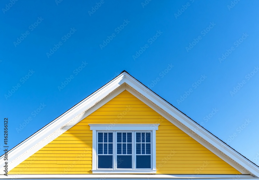 Bright Yellow Gable House Roof with Window under Blue Sky Bright Yellow Gable House Roof with Window under Blue Sky