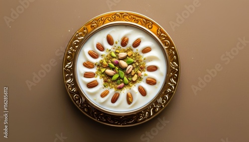 Traditional Bangladeshi Mishti Doi Served in Decorative Bowl with Nuts on Elegant Background photo