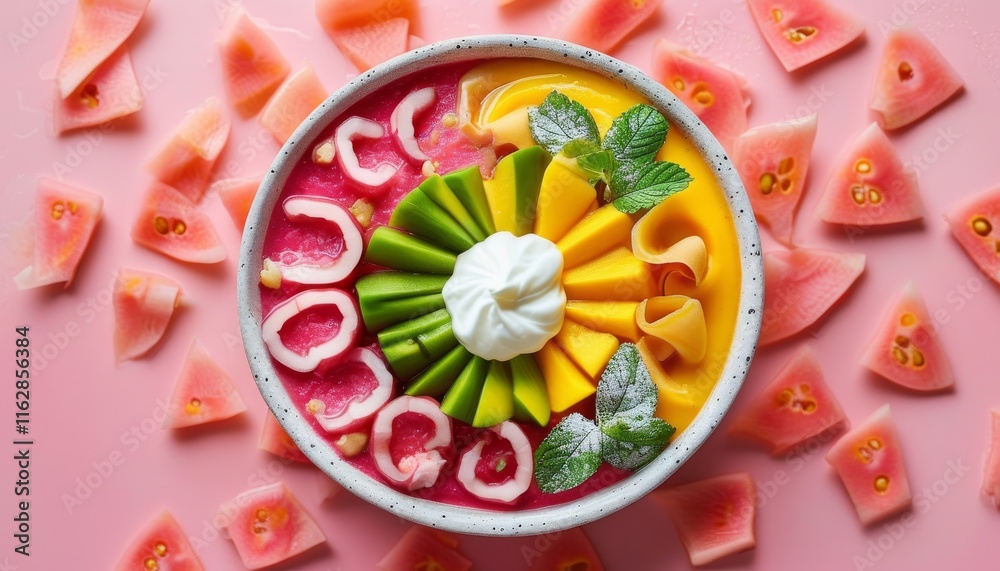 Fototapeta premium Vibrant Fruit Bowl Featuring Guava, Mango, and Mint Garnish on a Pink Background