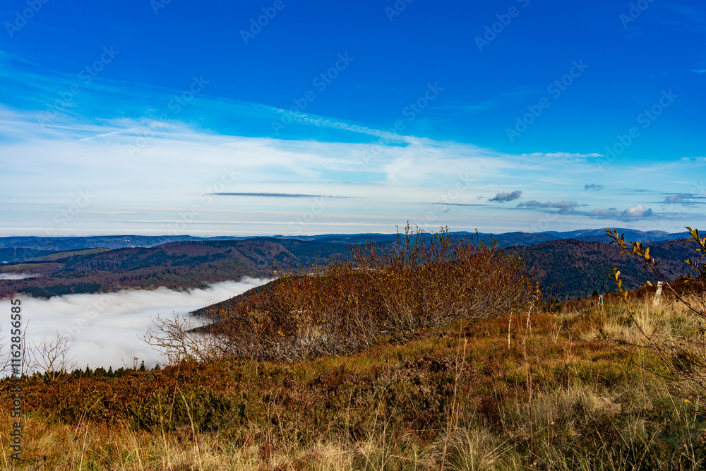 Beau paysage avec les nuages dormant sur la montagne - Ballon d'Alsace. Beau paysage avec les nuages dormant sur la montagne - Ballon d'Alsace.