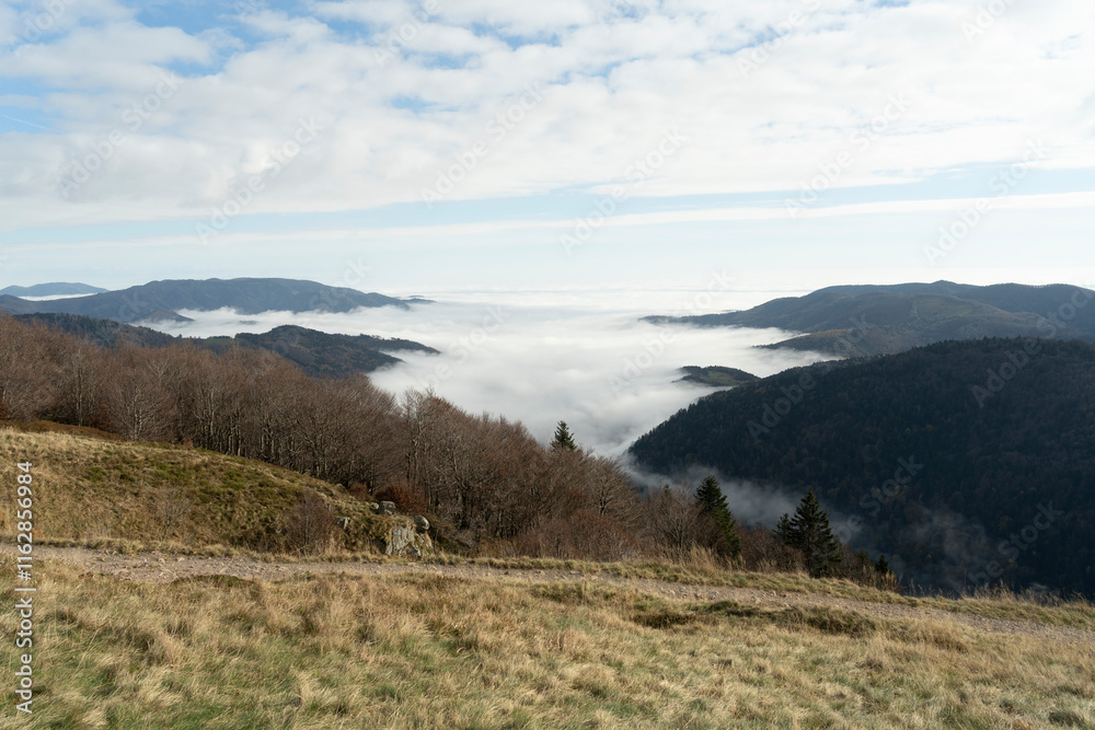 Beau paysage avec les nuages dormant sur la montagne - Ballon d'Alsace. Beau paysage avec les nuages dormant sur la montagne - Ballon d'Alsace.