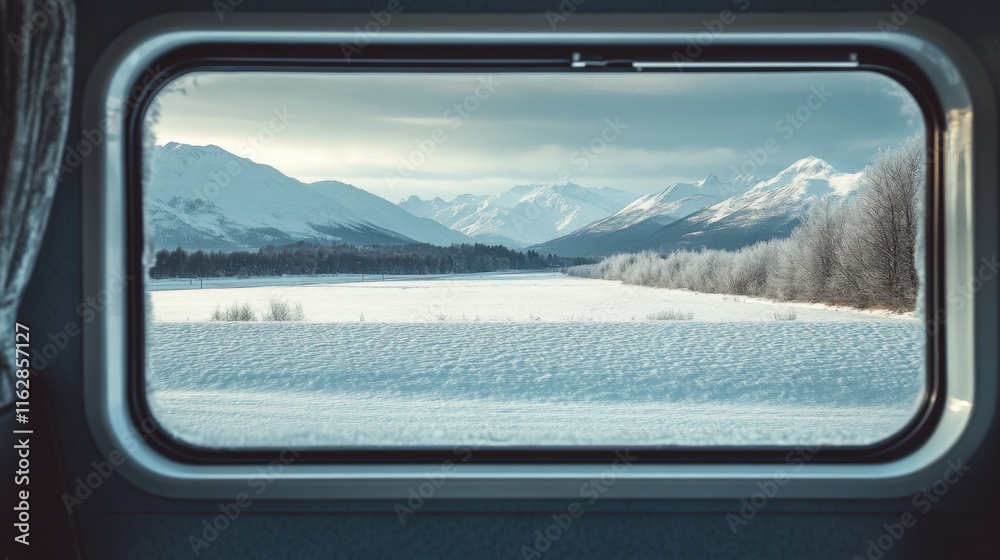 Naklejka premium Snowy Mountain Vista Viewed Through Train Windowpane