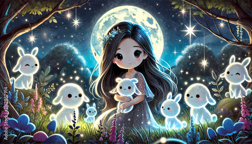 A captivating cartoon-style depiction of a girl with long black hair in a shimmering silver dress, cradling a glowing creature in a moonlit garden.