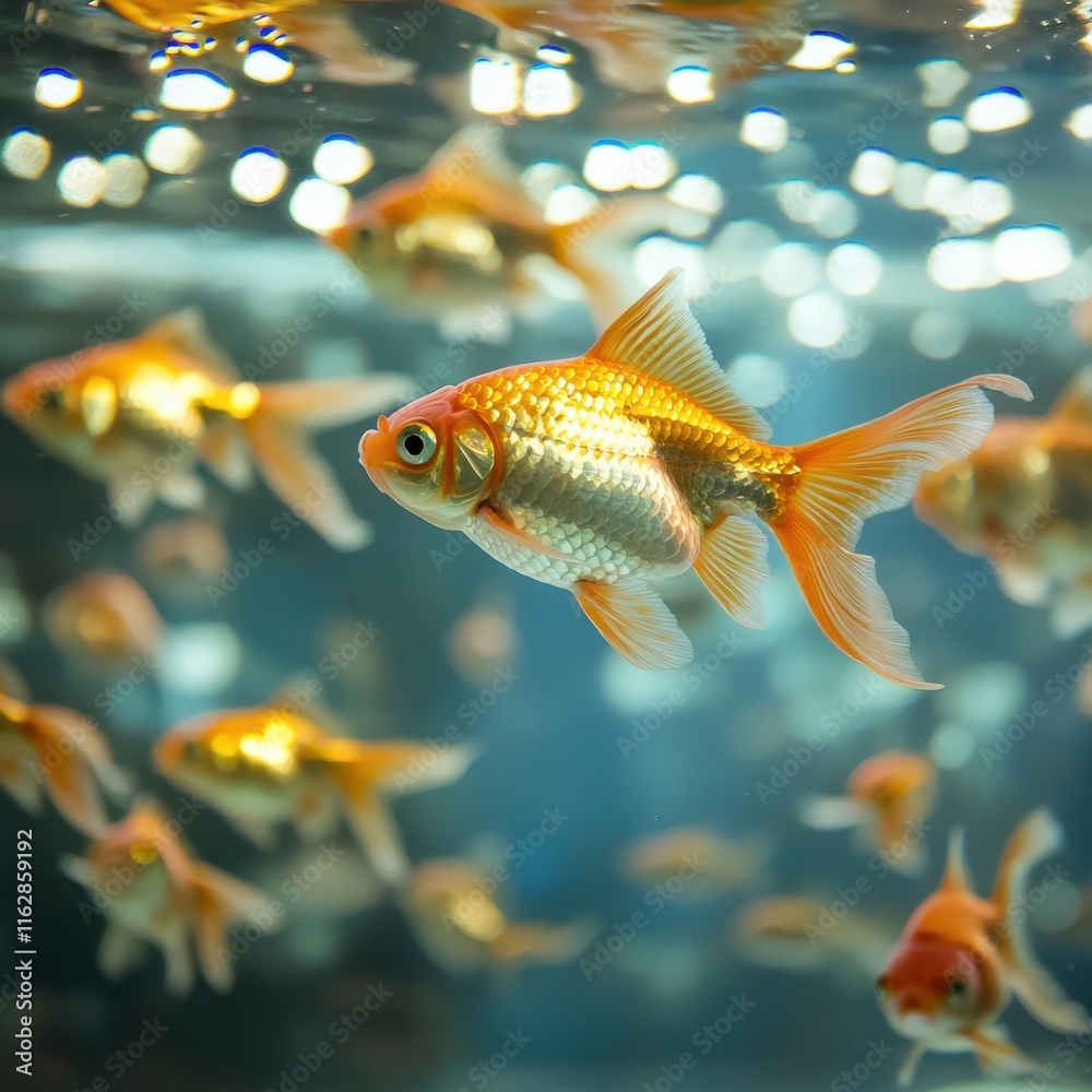 Goldfish swimming in synchronized patterns aquarium wildlife underwater close-up serenity Goldfish swimming in synchronized patterns aquarium wildlife underwater close-up serenity