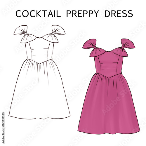 FLAT TECHNICAL FASHION ILLUSTRATION - PREPPY COCKTAIL DRESS