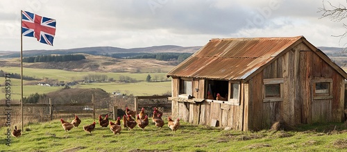 Chickens roam near rustic shed under Union Jack. photo