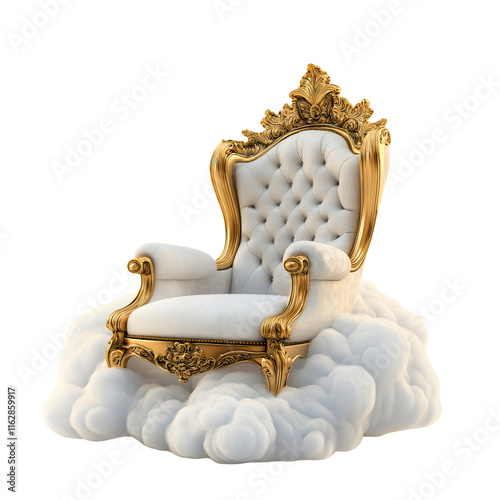 Majestic Throne Chair Floating Among Ethereal Clouds in a Dreamy Royal Landscape isolated photo