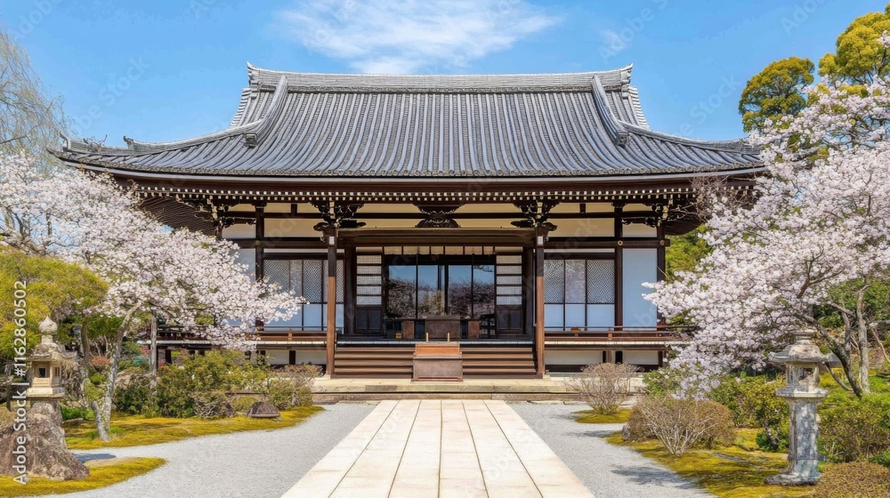 Serene Cherry Blossom Garden with Framed Shrines Serene Cherry Blossom Garden with Framed Shrines