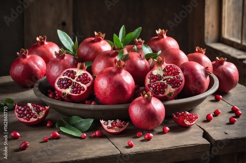 Red pomegranates placed in a wooden basket 
