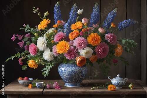 A chinese flower vase with beautiful and colorful summer flowers bouquet